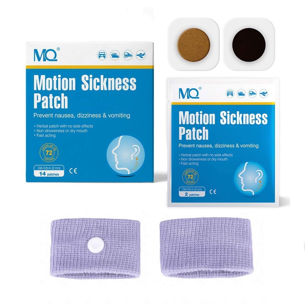 MQ 14 ct Motion Sickness Patches Non Drowsy Sea Sickness Patch for Cruise Travel Essentials, Waterproof Car Sick Patches Behind Ear Fast Acting & Long Last 72H, 1 Pair of Wristbands as a Bonus