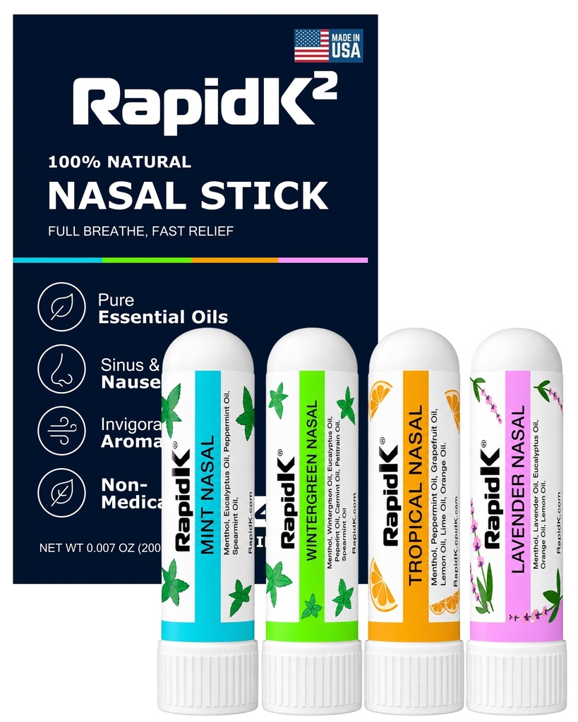 Rapid K2 Nasal Inhaler Stick 4 Pack – Nausea & Sinus Relief, Motion Sickness & Morning Sickness – Non-Medicated Menthol Aromatherapy Inhalers – Mint, Wintergreen, Lavender, Tropical Variety Pack