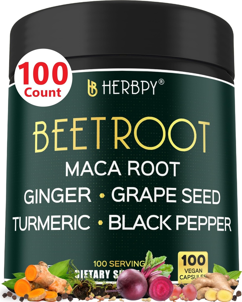 Herbpy 6in1 Beet Root Capsules with Black Maca, Grape Seed, Ginger and Turmeric Roots, and Black Pepper - Extract 10:1 - Heart Health, Vitality & Immune Support* - 100 Count
