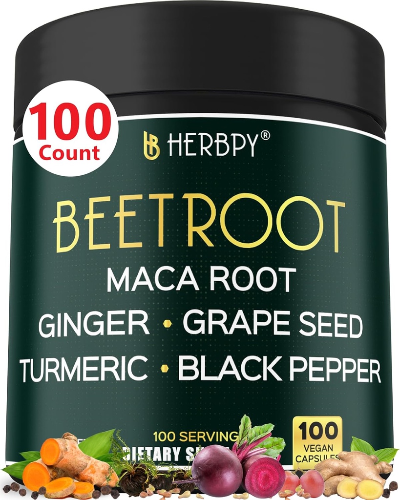 Maca 뿌리, 포도씨, 생강, 심황 및 심장 건강 & 면역 지원을위한 검은 후추와 6in1 Beetroot 보충 - 100 Vegan 캡슐