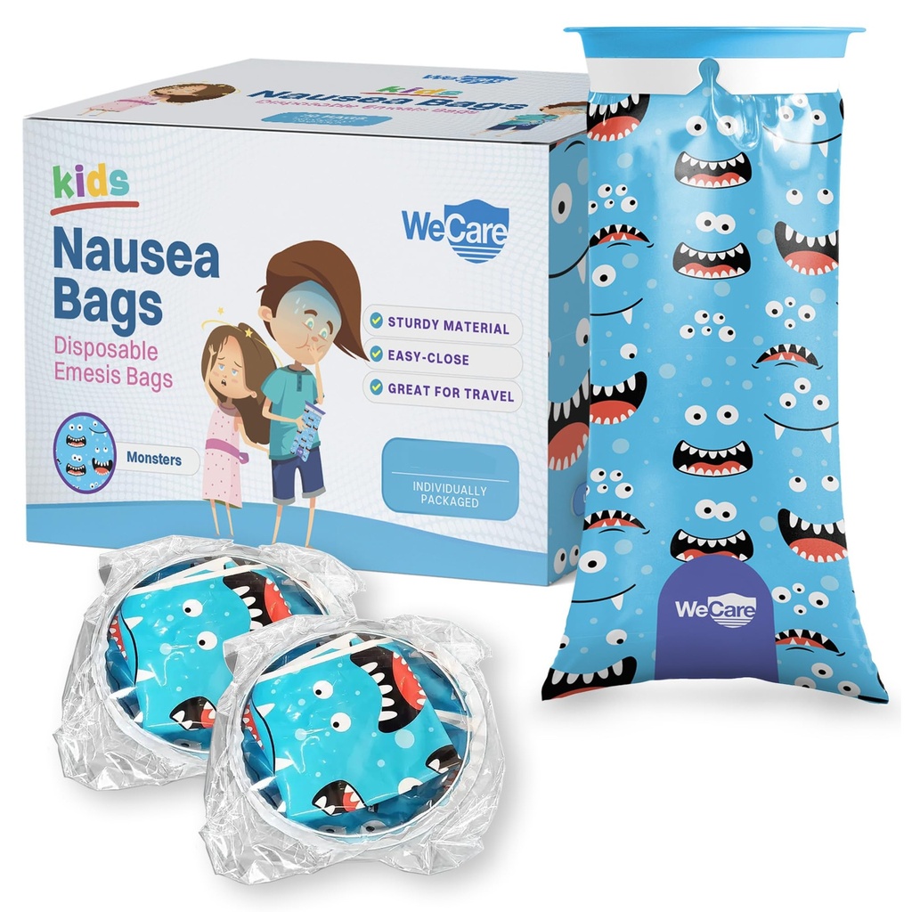 Kids Vomit Bags Disposable 5 Pack - Individually Wrapped Barf Bags with Cute Monster Print - Leak Proof Self Sealing Emesis Bags for Motion Car Sickness and Nausea - Ideal for Taxis, Airplane Travel