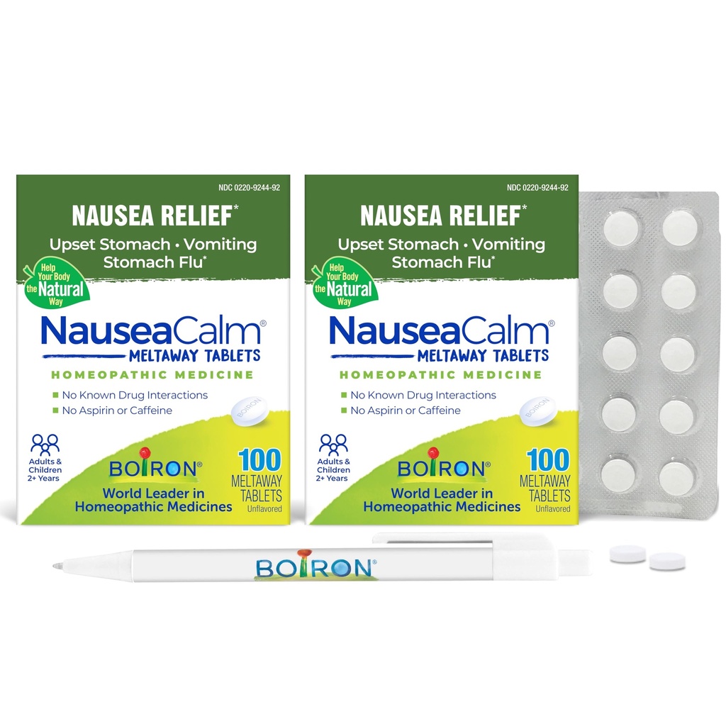Boiron NauseaCalm Tabs - 100 Count (Pack of 2) Bundle with a Pen - Relief for Upset Stomach, Nausea, & Vomiting Due to Stomach Flu, Overindulgence, Motion Sickness - Non-Drowsy Meltaway Tablets