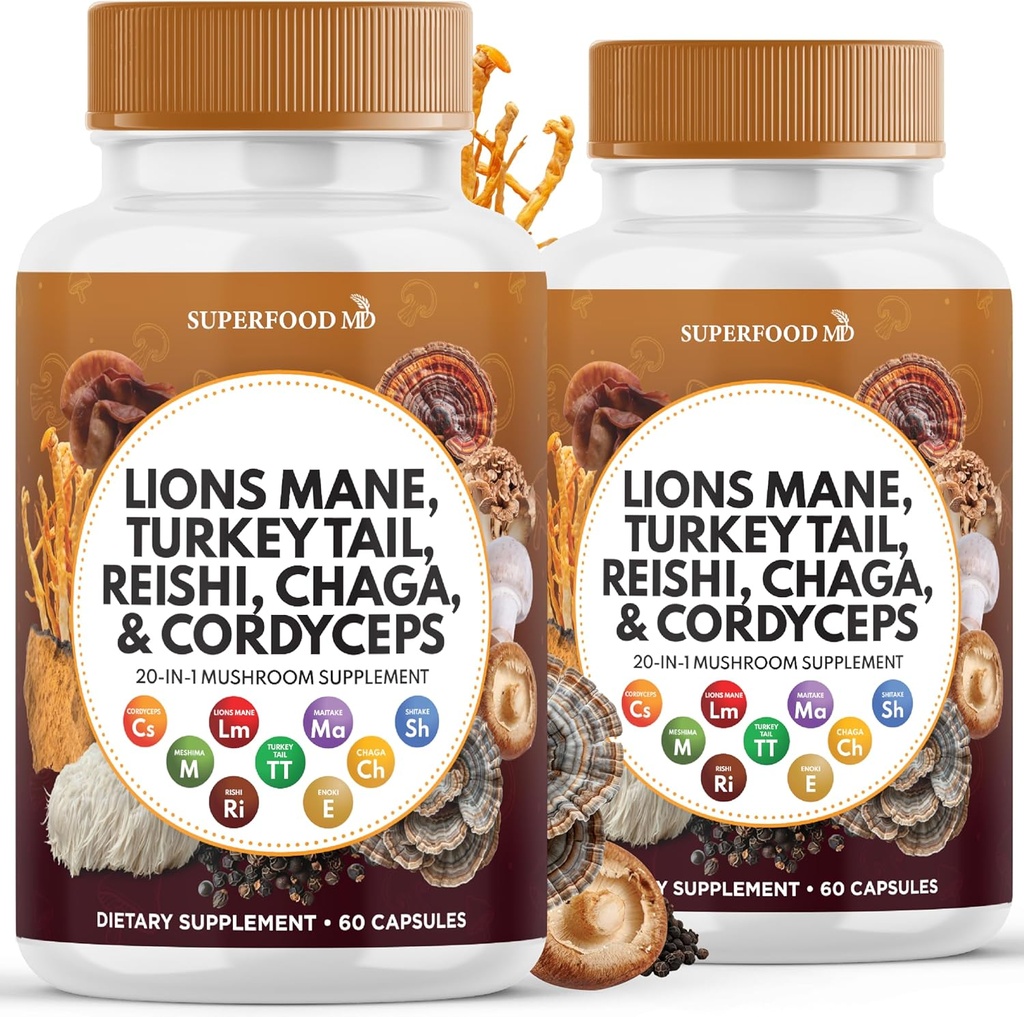 Sư tử Mane Mushroom Phụ giúp cho Thổ Nhĩ Kỳ Reishi Cordycops Chaga với Marshmallow Root - 120 bá tước