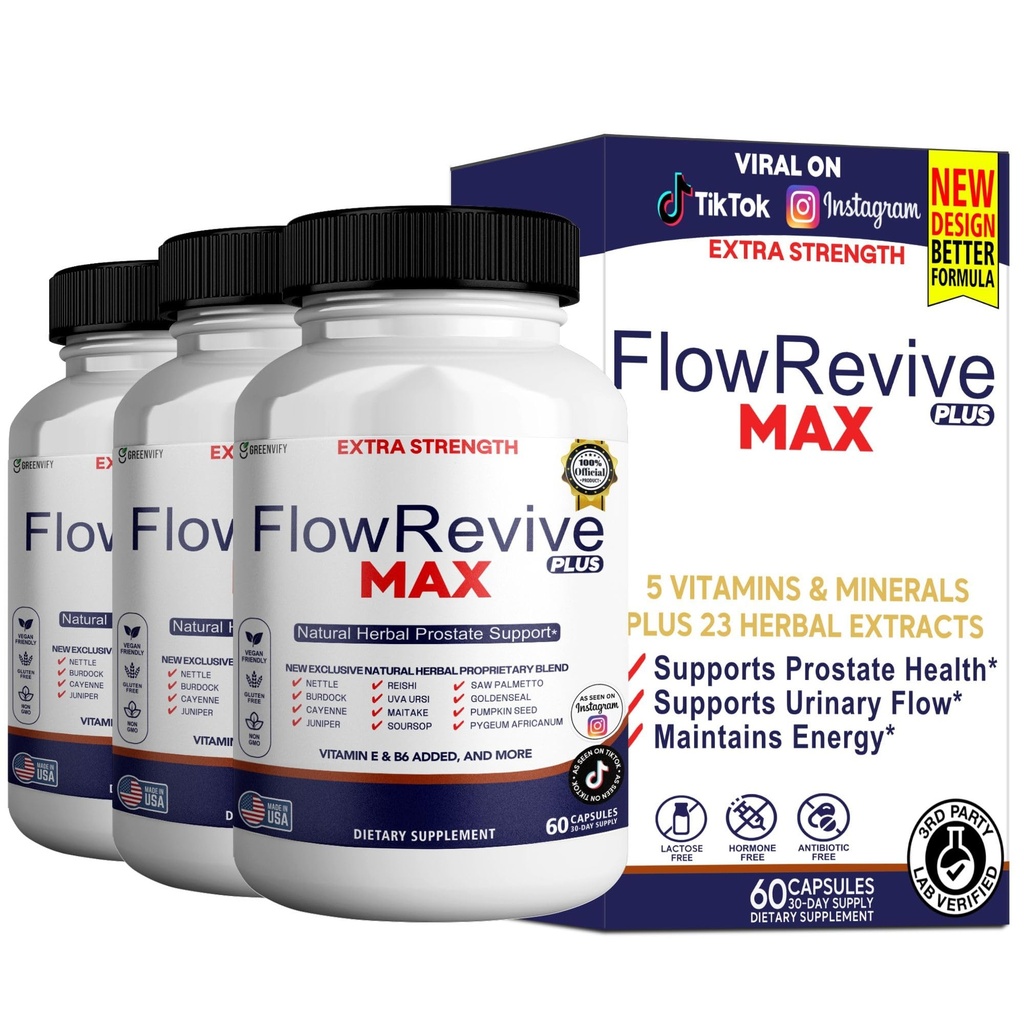 FlowRevive Max Prostate Support, Natural Herbal Supplement with Saw Palmetto, Pygeum, Selenium, 60 Capsules (3)