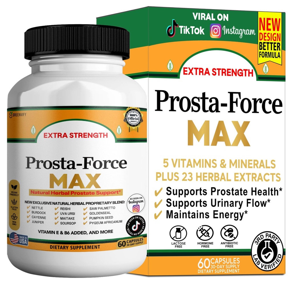 Prosta-Force Max Extra Strength Prostate Support, Natural Herbal Supplement with Saw Palmetto, Pygeum, Plant Sterols, 60 Capsules (1)