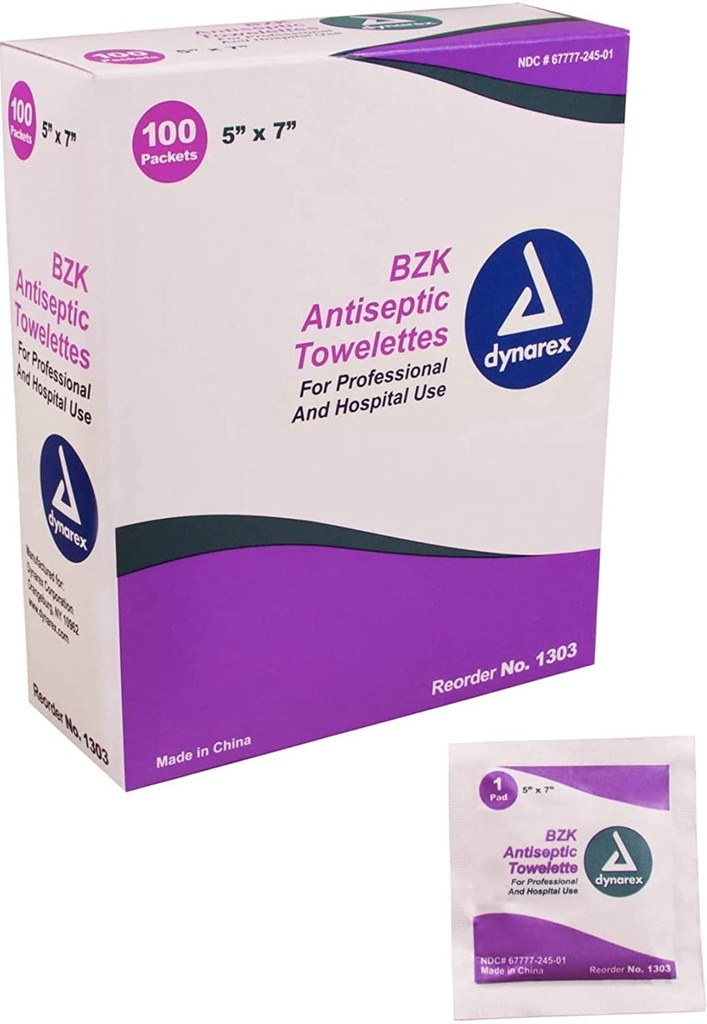 Dynarex BZK Antiseptic Towelettes, 5" x 7", Disposable and Premoistened, Individually Wrapped, 1 Case | 10 Boxes of 100 Dynarex BZK Antiseptic Towelettes