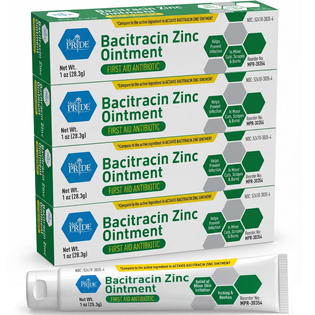 MED PRIDE Bacitracin Zinc Ointment, First Aid Antibiotic, 1 oz, 4-Pack