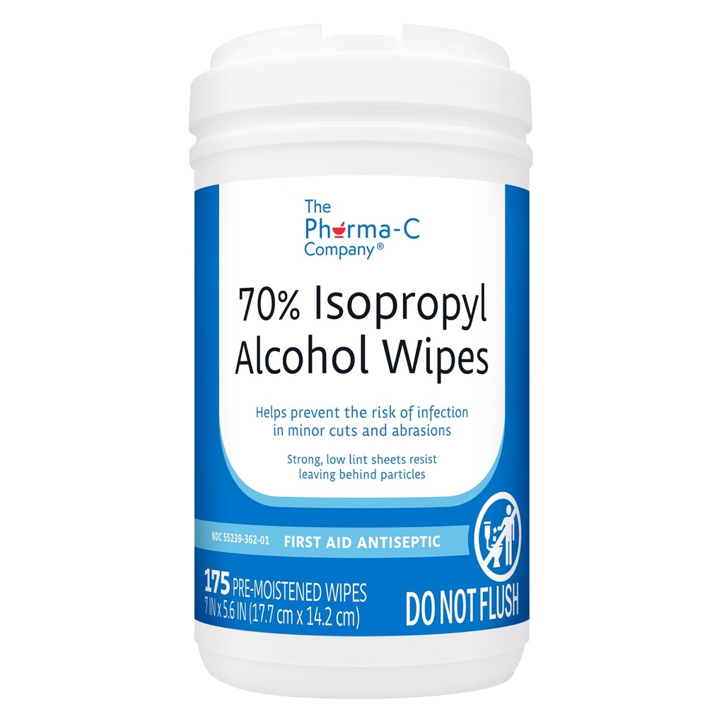 The Pharma-C Company - 70% Isopropyl Alcohol Wipes 175 Ct [1 canister] | First Aid Antiseptic Wipe. For Minor Cuts, Scrapes, and Burns. Moisture Locking, Easy Thread Lid.