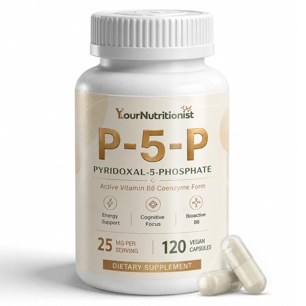 P-5-P Supplement 25mg, Bioactive Vitamin B6 Pyridoxal-5-Phosphate | Energy & Focus Support, Active Vitamin B6 Form, Vegan Capsules, Non-GMO, 120 Day Supply