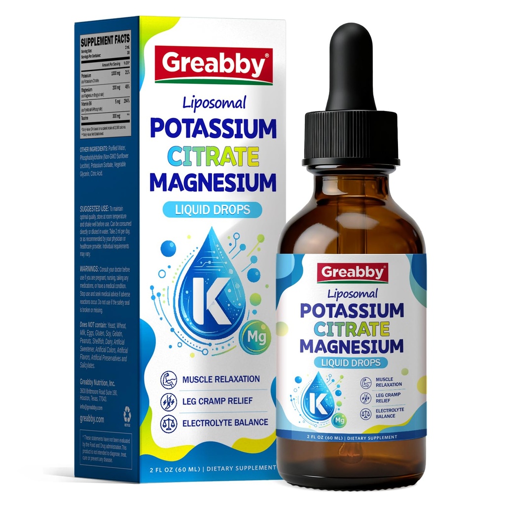 Liposomal Liquid Potassium Magnesium 1000mg Drops, 2 Fl Oz | Potassium Citrate Supplement with Magnesium Bisglycinate for Adults, Vitamin B6 & Taurine, Natural Blueberry Flavor