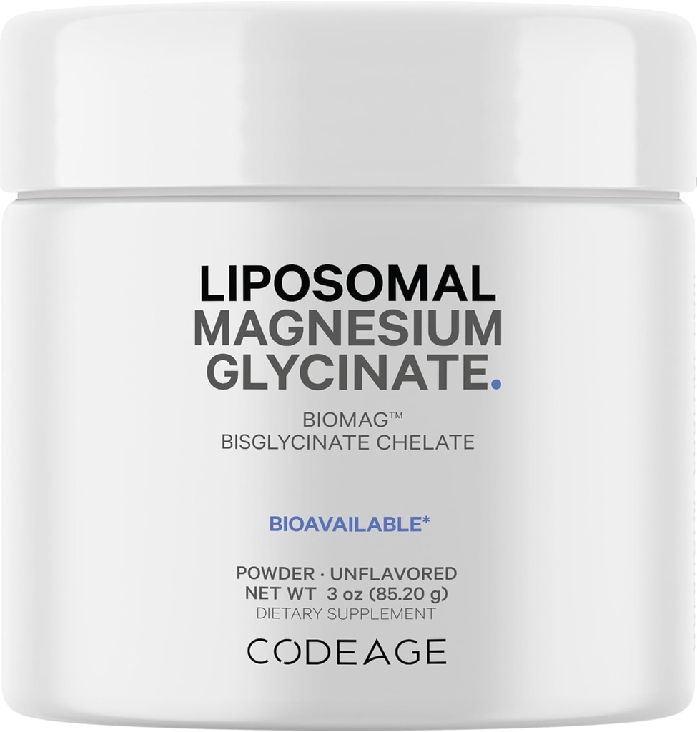 Codeage Magnesium Glycinate Powder Supplement, 2-Month Supply, Bisglycinate Magnesium Chelate, Desflavored, Liposomal Delivery, Chelated Magnesium Powder Mineral, Non-GMO Vegan, 3 oz