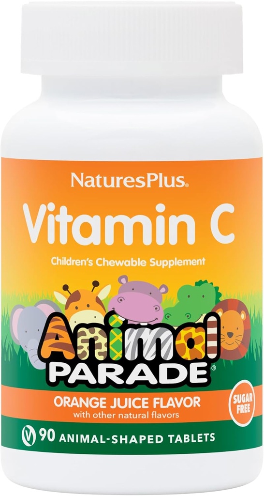 Natures Plus Animal Parade Sugar-Free Kinder Vitamin C, Natürliche Orangensaft Geschmack - 90 Chewable Animal Shaped Tablets - Immununterstützung - Glutenfrei - 45 Servietten