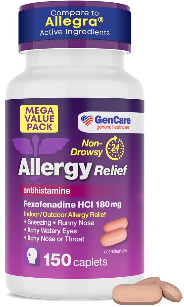 GenCare Fexofenadine 180mg Allergy Relief Pills, 24-Hr Non-Drowsy, 150 Ct | Compares to Allegra 24-Hour; non-drowsy antihistamine relieves sneezing