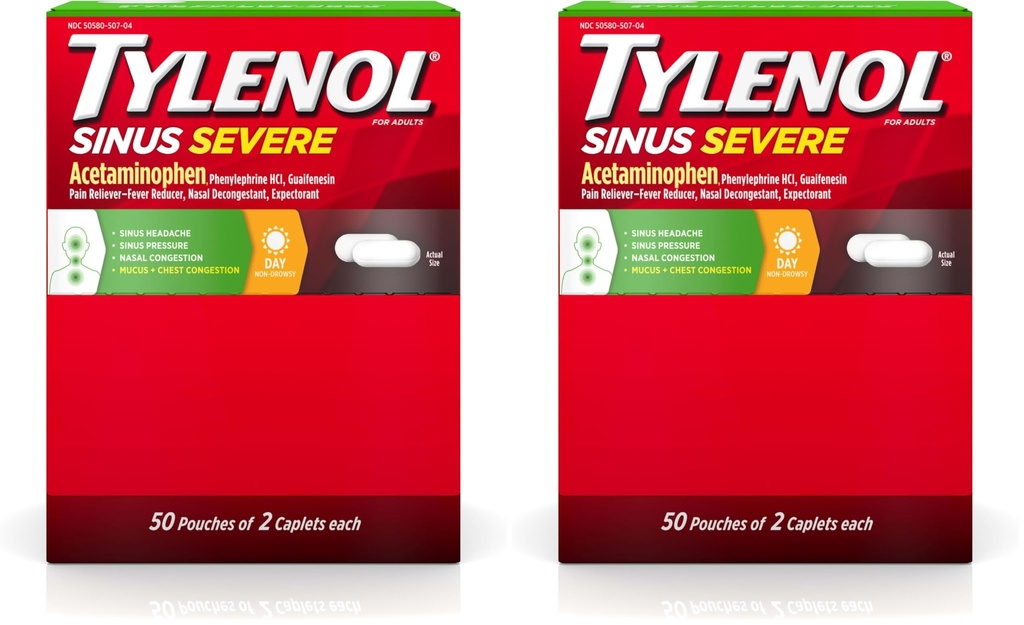 Tylenol Sinus Severe Daytime Caplets with Acetaminophen 325mg, Guaifenesin 200mg & Phenylephrine HCl 5mg, Non-Drowsy Pain Reliever, Expectorant & Nasal Decongestant, 2 Count (Pack of 100)
