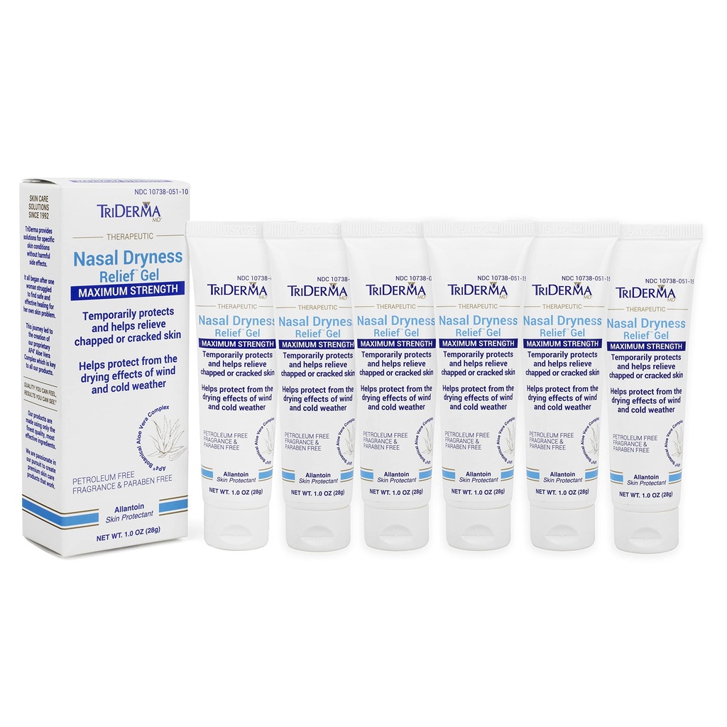 TriDerma Nasal Dryness Relief Gel, FSA Eligible, Soothing AP4 Aloe Vera Gel & Allantoin Skin Protectant, Moisturizes Cracked Skin, Dry Nose from CPAP Machine, Colds, Allergies, Oxygen Use 1 oz-6 Pack
