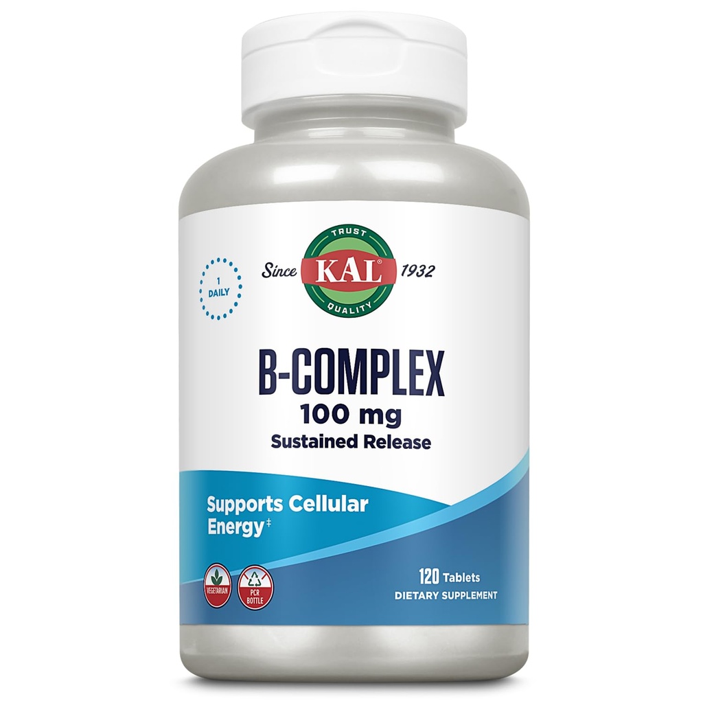 KAL B-100 Complex - Sustained Release Vitamin B Complex - Healthy Energy Support with Natural Base and Fresh Minty Coating - Vegetarian - 60 Day Guarantee - 120 Servings, 120 Tablets