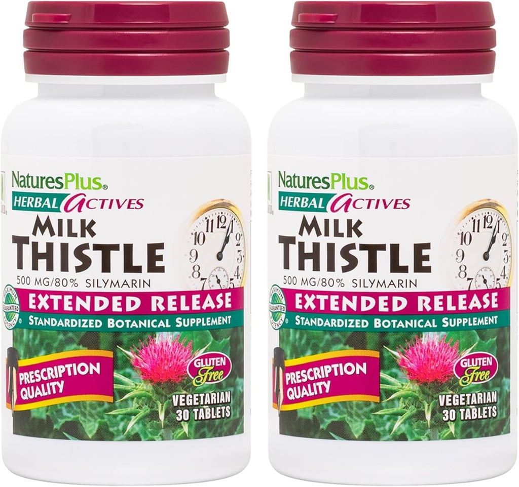 NaturesPlus Herbal Actives Milk Thistle, Rozszerzone wydanie - 30 tabletek, Opakowanie 2 - wegetariańskie, Gluten Free - 60 Razem Sługi
