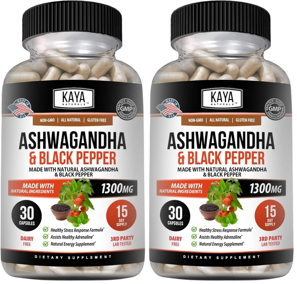 Kaya Naturals Ashwagandha Root with Black Pepper | Maximum Strength 1300mg Adaptogen Supplement, Support Adrenal, Glandular Health, Mood Relief, Focus, Energy & Vitality for Men & Women (Pack of 2)