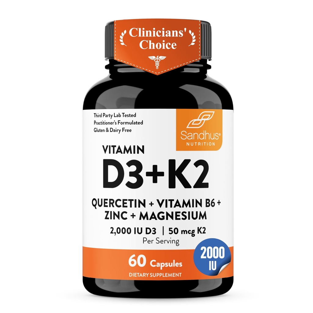 Vitamin D3 K2 2000 IU 120mcg Magnesium Zinc B6 Quercetin Capsules 60 Count | 6-in-1 D3+K2 Supplements Supports Immune, Energy And Muscle Health, Gluten-Free, 2-Month Supply, USA Made by Sandhu's