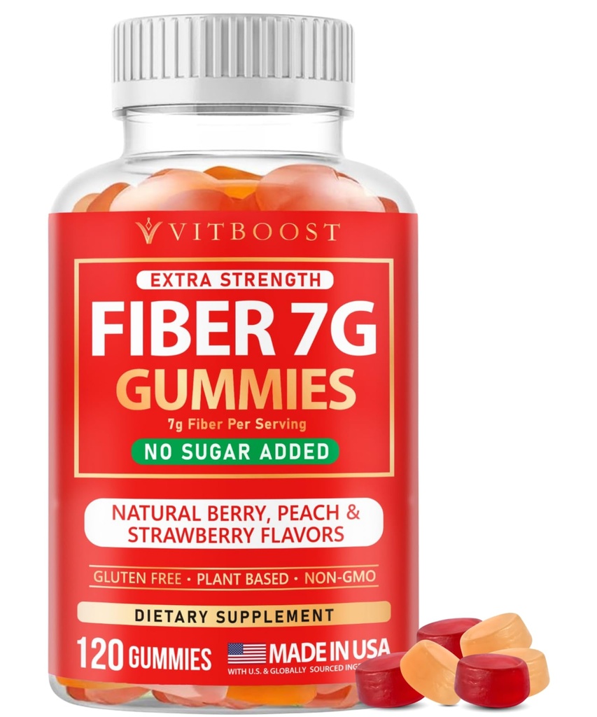 Fiber Gummies for Adults 7g - Digestive Health & Regularity - 120 Count | Sugar Free Fiber Supplement for Women and Men - Pectin-Based (No Gelatin), Non-GMO, Vegan, Made in USA