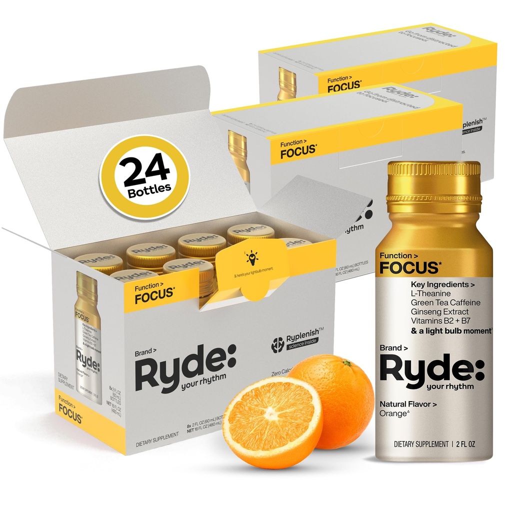 RYDE Focus Energy Shot, Orange Flavor, Zero Sugar, 2 fl oz, 24 Pack | mental clarity; sustained concentration; study support; workday alertness; daily focus supply
