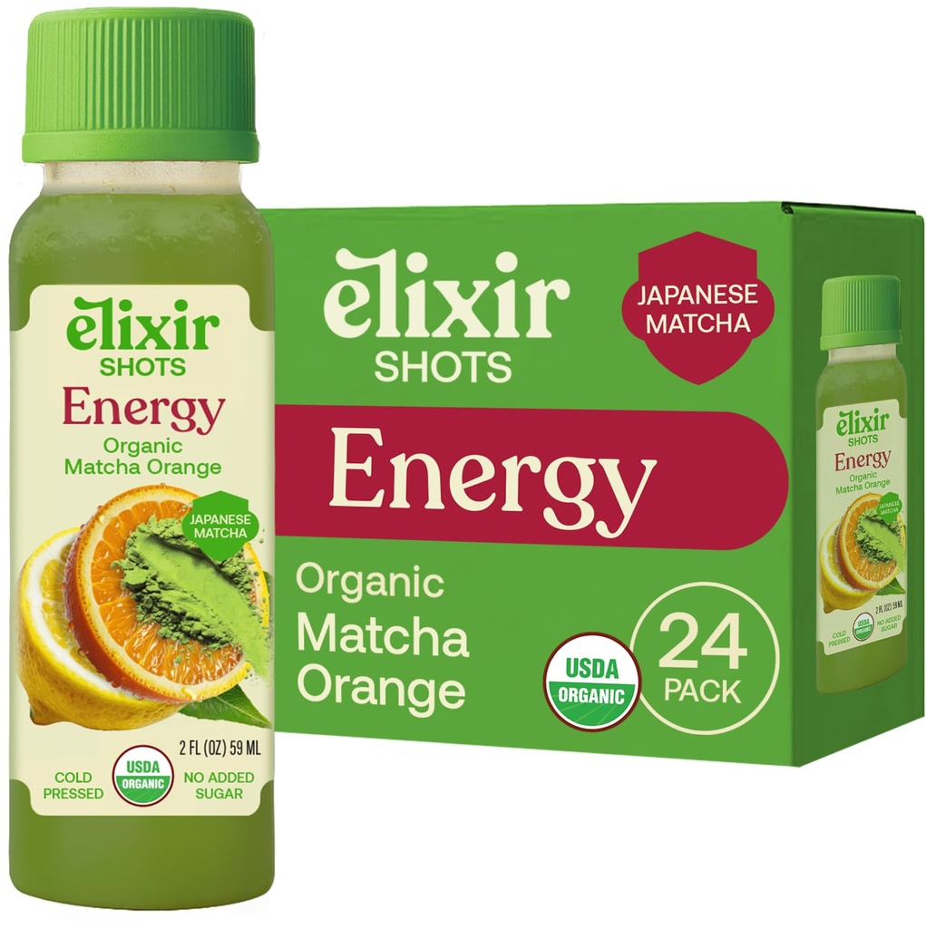 Elixir Energy Shots with Gentle Caffeine & L-Theanine to Support Focus, Organic Japanese Matcha, Orange, Cold-Pressed Shots, No Added Sugar, 24-Pack