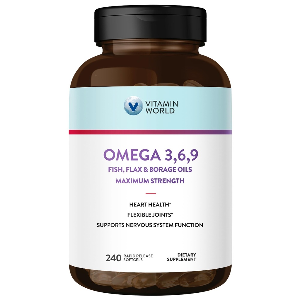 Vitamin World Triple Omega 3-6-9 3600mg, 240 Softgels | High Potency Omega 3 6 9 Supplement Provides Active EPA & DHA, Supports Heart, Brain & Immune Health, Gluten Free