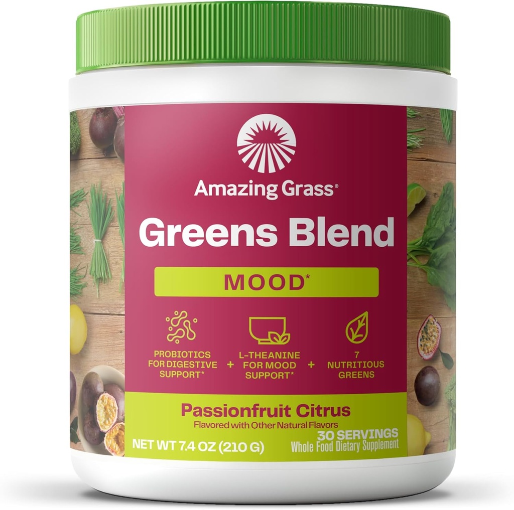 Amazing Grass Greens Blend Mood: Super Greens Powder Smoothie Mix for Mood, Rentoutuminen & Stressi tuki Luomu Spirulina, Klorella, Beet Root Powder, Diveral Enzymes & Probiootit, 30 Tarjoilu