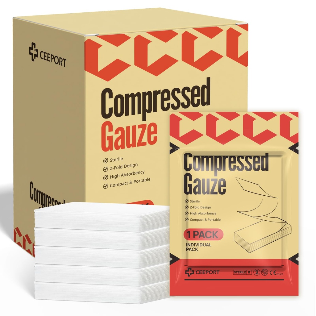 Ceeport Sterile Compressed Gauze with Z-Folded, 6 Individual Pack, 6-Ply | 4.5" x 4.1 Yards Compression Bandage, 100% Cotton wound packing Gauze for Emergency Wound Dressing, First Aid and Trauma Kit