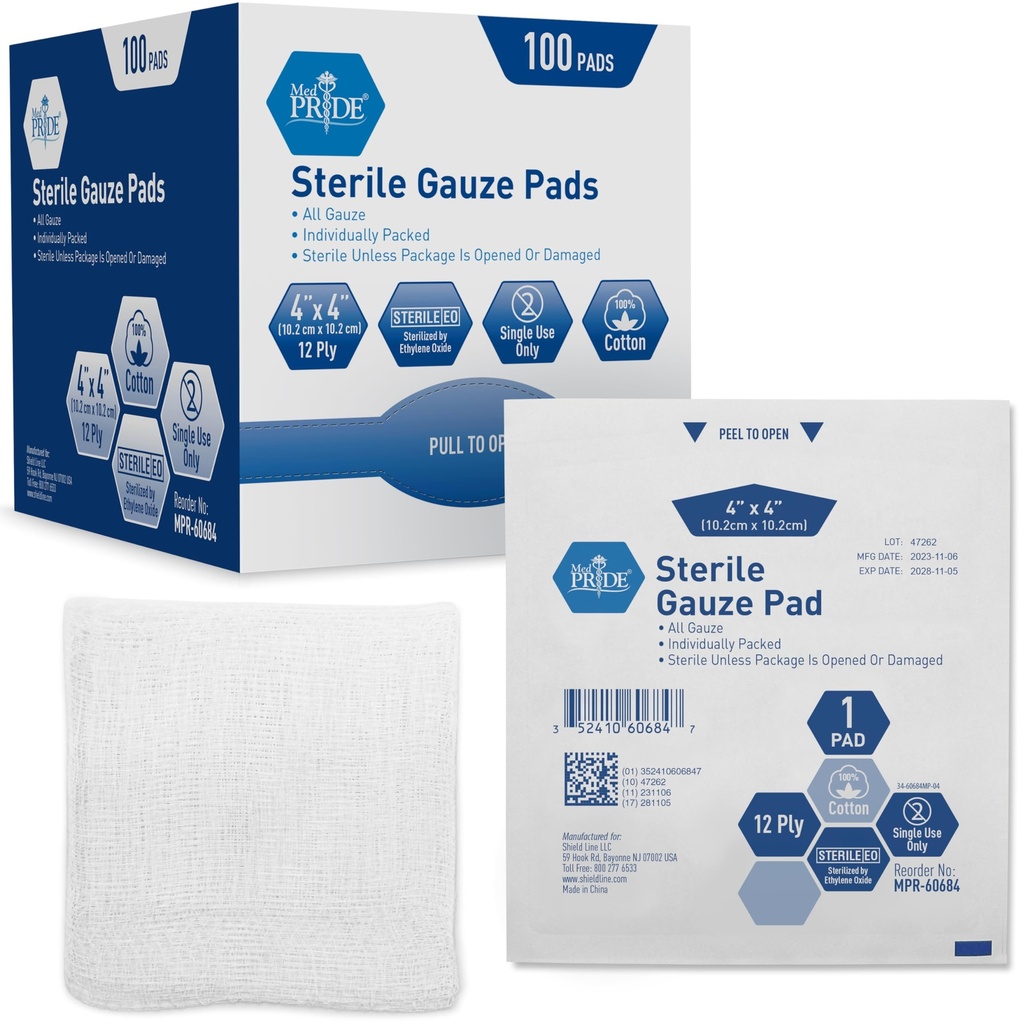 MED PRIDE Sterile Gauze Dressing Pads Individually Wrapped, Nonstick 12-Ply Cotton, Highly Absorbent for Wound Care (4x4 Inch (Pack of 100))