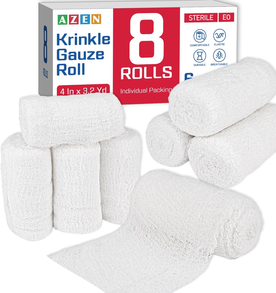 AZEN 8 Pack Krinkle Gauze Rolls, 4 in x 3.2 Yards, 6-Ply 100% Cotton Bandage Wrap, Latex-Free Individually Wrapped, Highly Absorbent Wound Dressing for First Aid