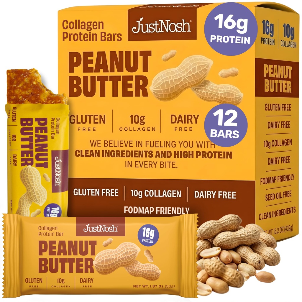 JUSTNOSH ​P​eanut Butter Collagen Protein Bars – 16g Protein, 10g Collagen | Gluten & Dairy Free, Low FODMAP, Seed Oil Free (12 Pack)
