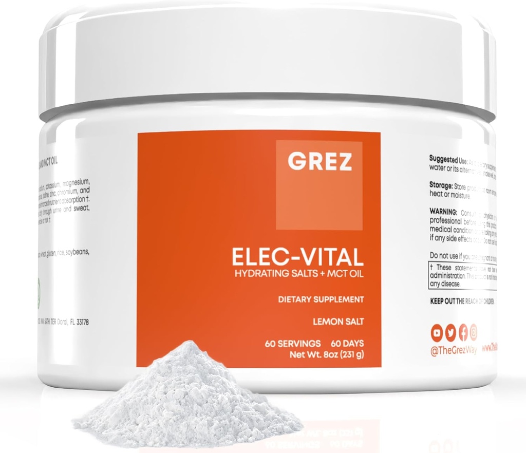 GREZ ELEC- Vital Electrolytes Proszek bez cukru - Proszek nawadniający, Keto Electrolytes bez cukru - Kompletne wsparcie mineralne, Sodu, Potas, Magnezu, Cynk - 60 Służenie