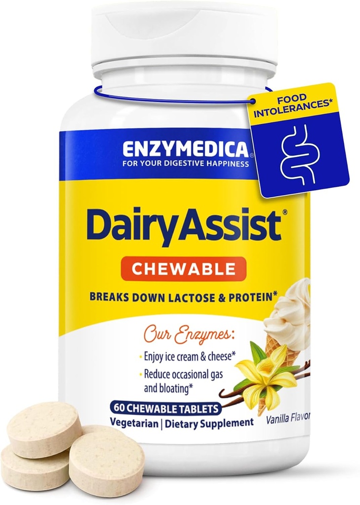 Enzymedica DairyAssist Chewable、酪農場、Lactose および Casein Digestion のための 2 インチ 1 の消化器系酵素、ガスおよび緩衝救助、60 のChewable タブレットのための速い行為の方式
