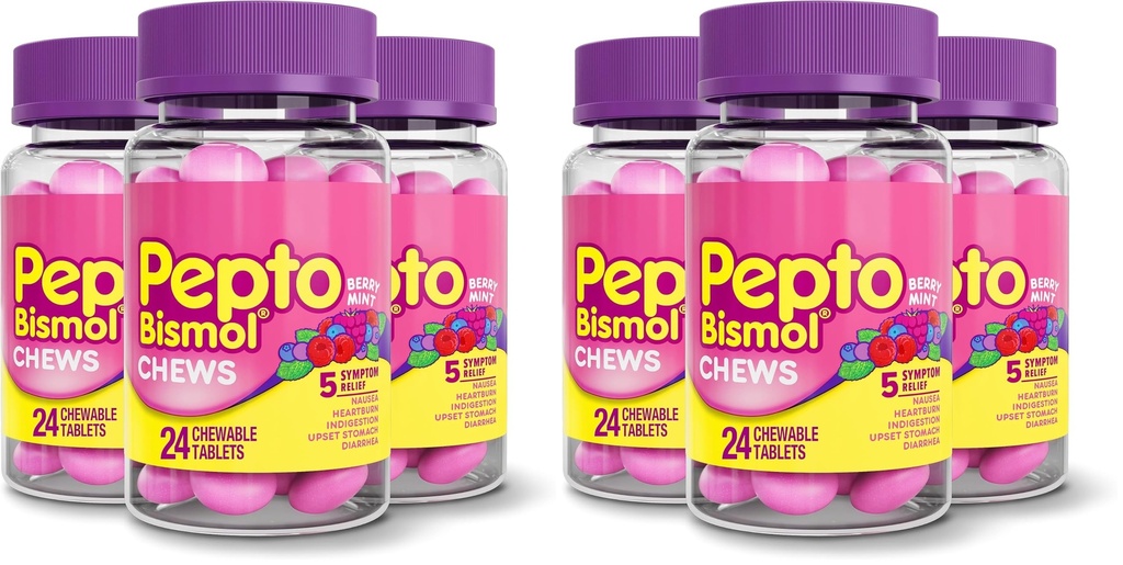 Pepto Bismol Chews, Fast and Effective Digestive Relief from Nausea, Heartburn, Indigestion, Upset Stomach, Diarrhea, Berry Mint Flavor, 24 Count,(Pack of 6)