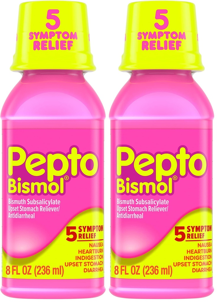 Pepto Bismol Original Liquid 5 Symptom Medicine - Including Upset Stomach and Diarrhea Relief 8 oz (Packaging May Vary) (Pack of 2)