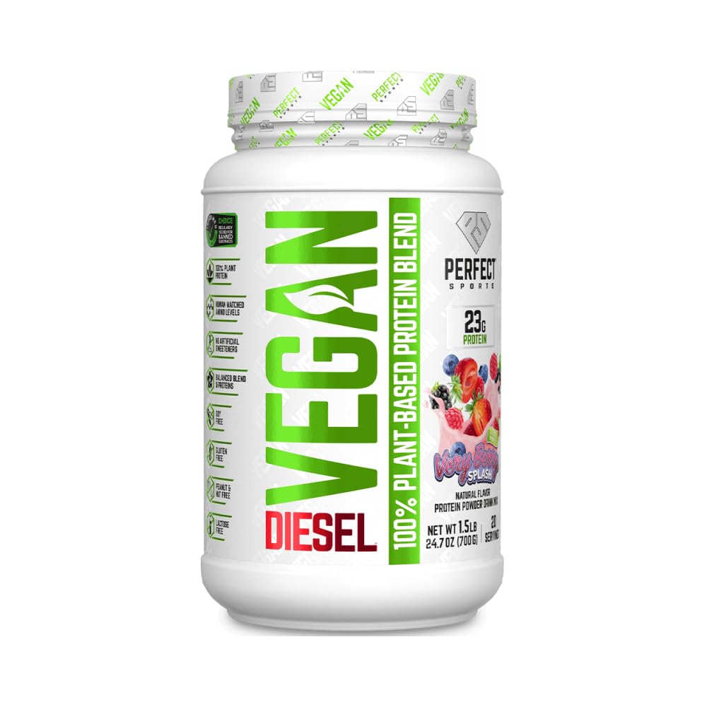 PERFECT SPORTS Vegan Diesel Plant Protein, Very Berry Splash, 1.5 lb | Supports Lean Muscle Growth, Enhances Recovery, 23g Plant Protein, Whole Food Blend, Lactose Free