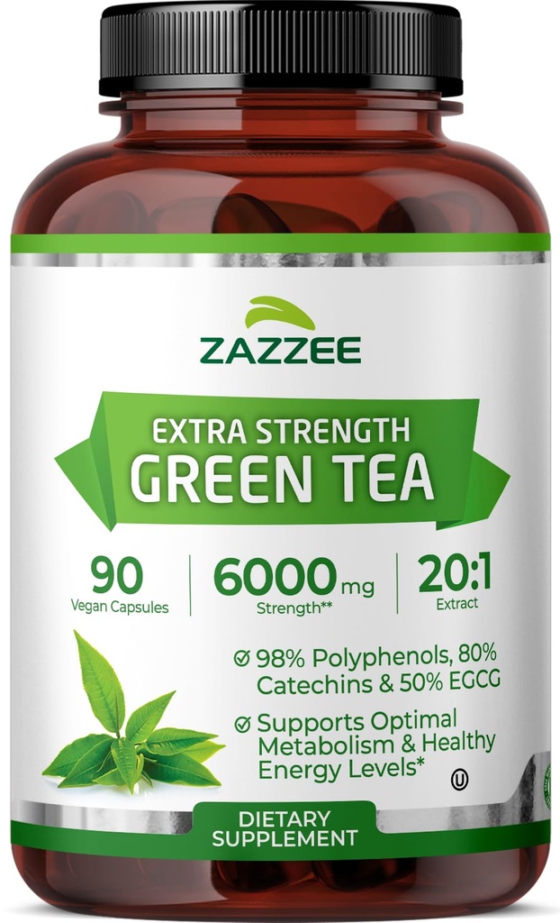 Zazzee Extra Strength Green Tea 20:1 Extract, 50% EGCG, 90 Vegan Capsules | 98% Polyphenols, 80% Catechins, 3 Month Supply, Certified Kosher, Antioxidant & Metabolism Support, Non-GMO, Made in the USA