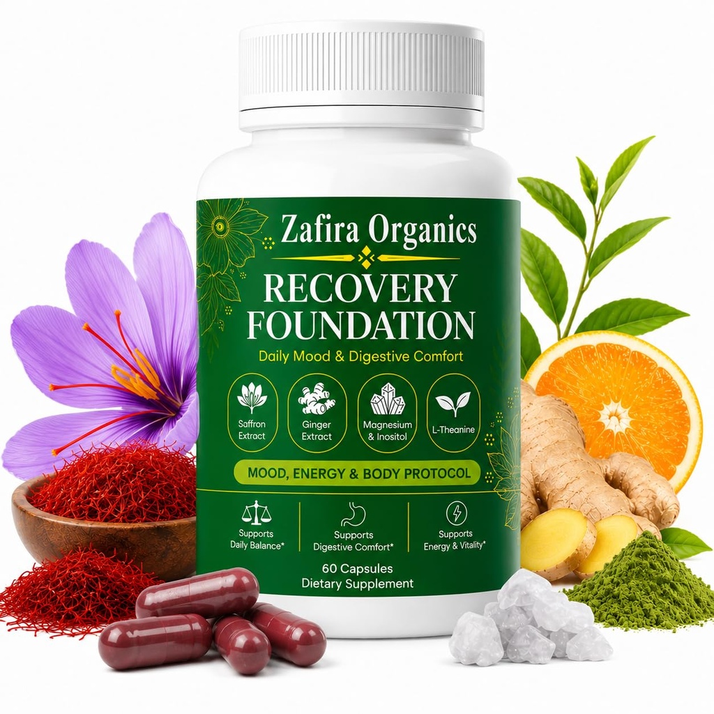 Recovery Foundation Supplement, Mood & Digestive Comfort Support with Saffron Extract, L-Theanine, Myo-Inositol, Magnesium, Ginger, Vitamin D3 & B12, Daily Energy, 60 Capsules