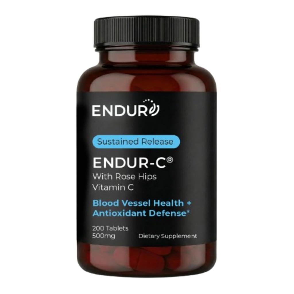 ENDUR-C - Vitamin C + Rose Hips - SR (Sustained Release) 500 mg - Supports Immune Health & Collagen Production - Gentle Digestion with Optimal 5–7 Hour Absorption Delivery - 200 Tablets