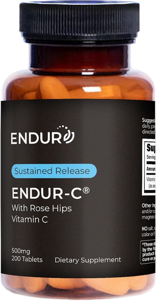 Endur ENDUR-C Vitamine C avec HIPS Rose, supporte la production de collagène, la protection antioxydante et la digestion douce, sans gluten, 500mg (200 comprimés)