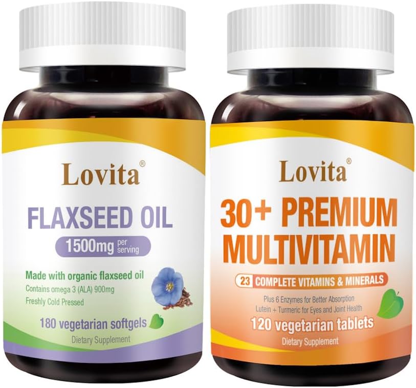 Lovita Auksti presēta Linsēklu eļļa un Premium Multivitamīni pieaugušajiem 30+ Nutrients Bundle (veģetārs)