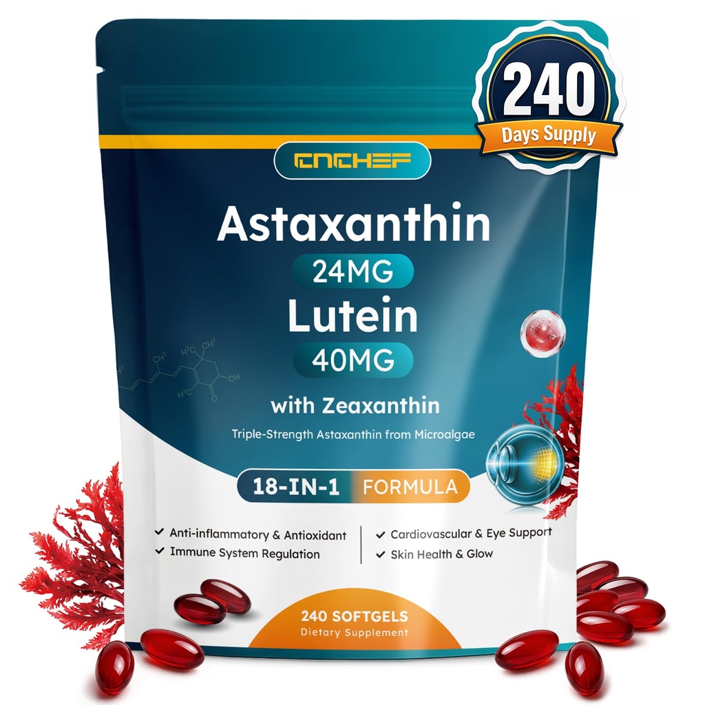 18-in-1 Astaxanthin 24mg Supplement with Lutein 40mg & Zeaxanthin, Eye Health & Antioxidant Support with Lycopene, Grape Seed, CoQ10, Collagen & Hyaluronic Acid, 240 Softgels, 240-Day Supply