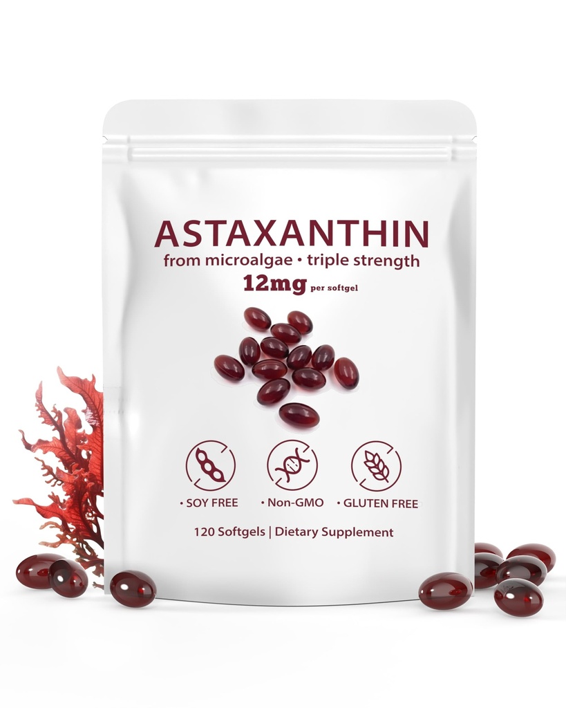 Astaxanthin 12mg Natural 120 Softgels Astaxanthin Antioxidant Supplement | 2 Month Supply, Supports Eye, Skin, Joint, Brain, Heart & Immune System Health, Fresh Microalgae Source, Non-GMO & No Gluten