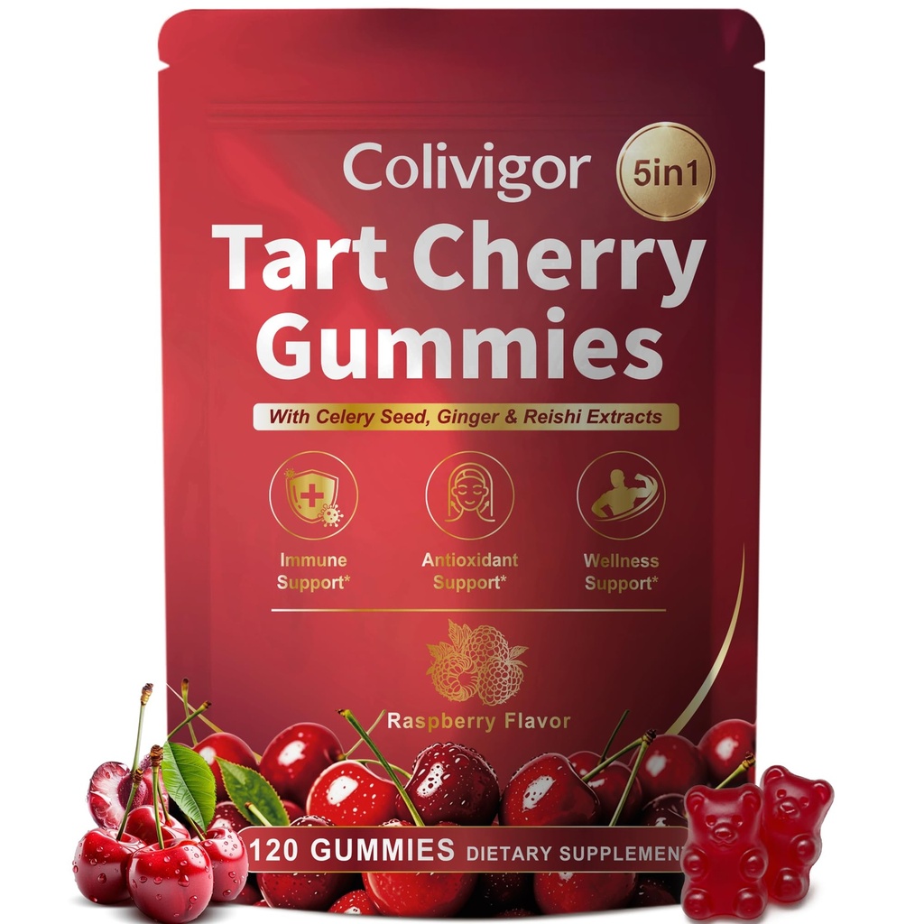 Tart Cherry Gummies | 120 Gummies | 1000mg Tart Cherry Extract with Celery Seed, Ginger, Reishi Mushroom & Quercetin | Sugar Free | Antioxidant Supplement
