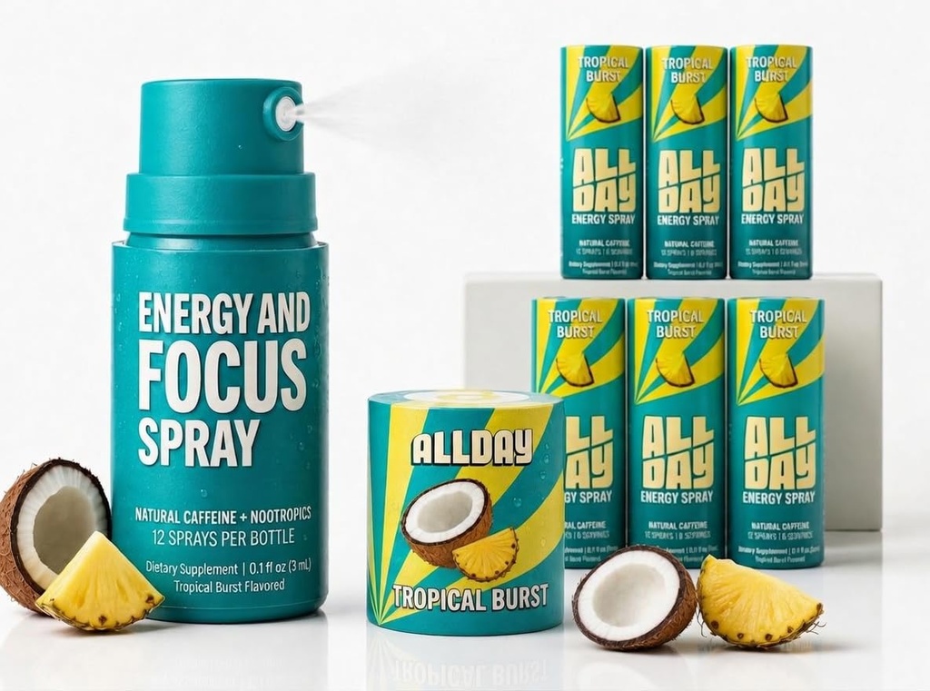 ALLDAY Focus + Energy Spray | Natural Caffeine + L-Theanine + Essential Vitamins | 0 Calorie, 0 Sugar | 12 Spray Bottle | Faster, Cleaner, Smoother Energy* (6 Pack Tropical Burst)