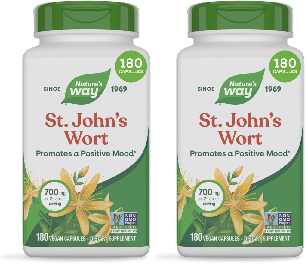Nature's Way St. John's Wort Herb, Promotes a Positive Outlook*, 700 mg per 2-Capsule Serving, Non-GMO Project Verified, Vegan, 180 Capsules (Packaging May Vary),(Pack of 2)