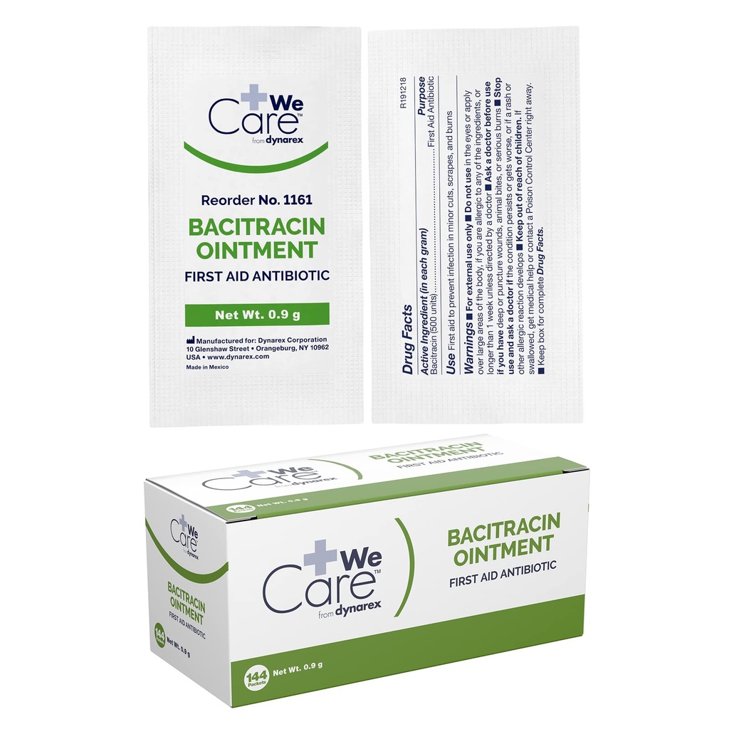 Dynarex Bacitracin Topical Ointment USP - First Response Wound Care Supplies for Minor Cuts, Scrapes & Burns - Helps Keep Wounds Clean - 1 Box of 144-0.9g Packets | Individual Packets, Single Use, Minor Cuts Burns Abrasions, Infection Prevention, 900 Day Shelf Life, NSN 6505-01-177-0589