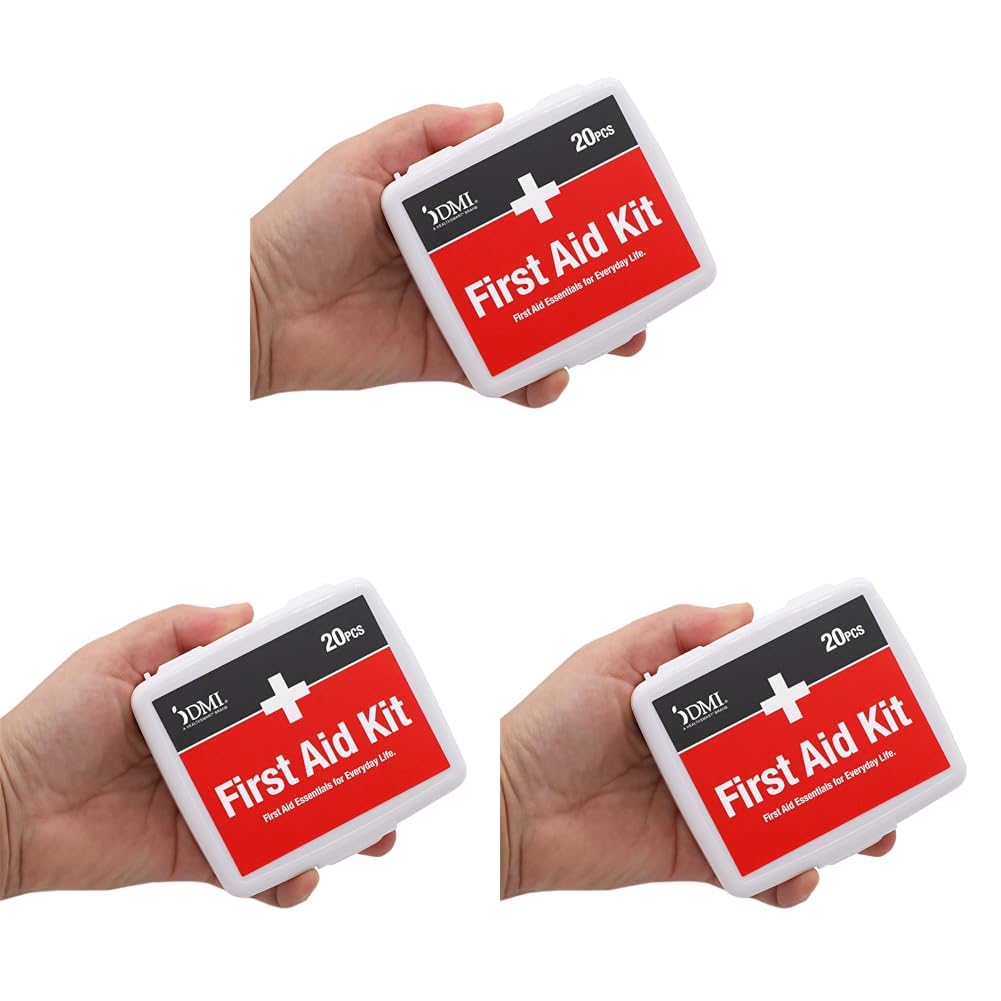 DMI First-Aid Kit, Mini 20-Piece Kit, Small and Compact All-Purpose Use for Minor Cuts and Scrapes, Durable Water-Resistant Case, Convenient and Portable, White (Pack of 3)