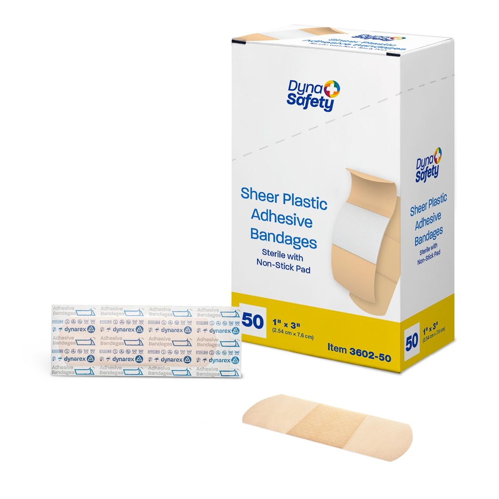 Dynarex Sheer Plastic Adhesive Bandages Water-Resistant and Sterile Non-Stick Pad First Aid Covers Minor Cuts Scratches - 1" x 3", 1 Box of 50